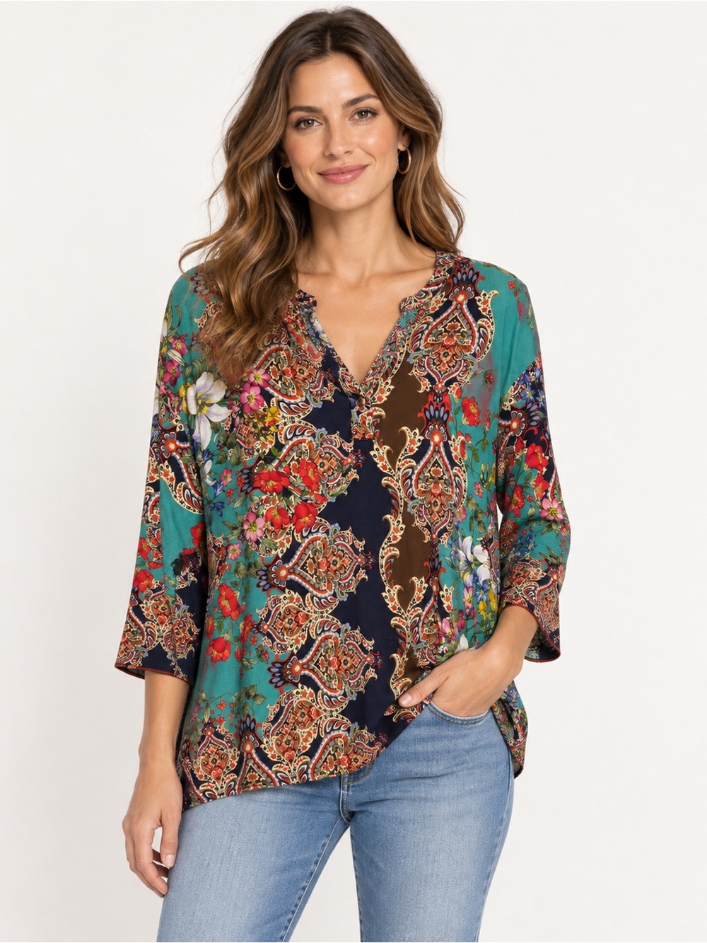 Johnny Was Indi Flower Henley Tee Multicolor Paisley Floral Size Large
